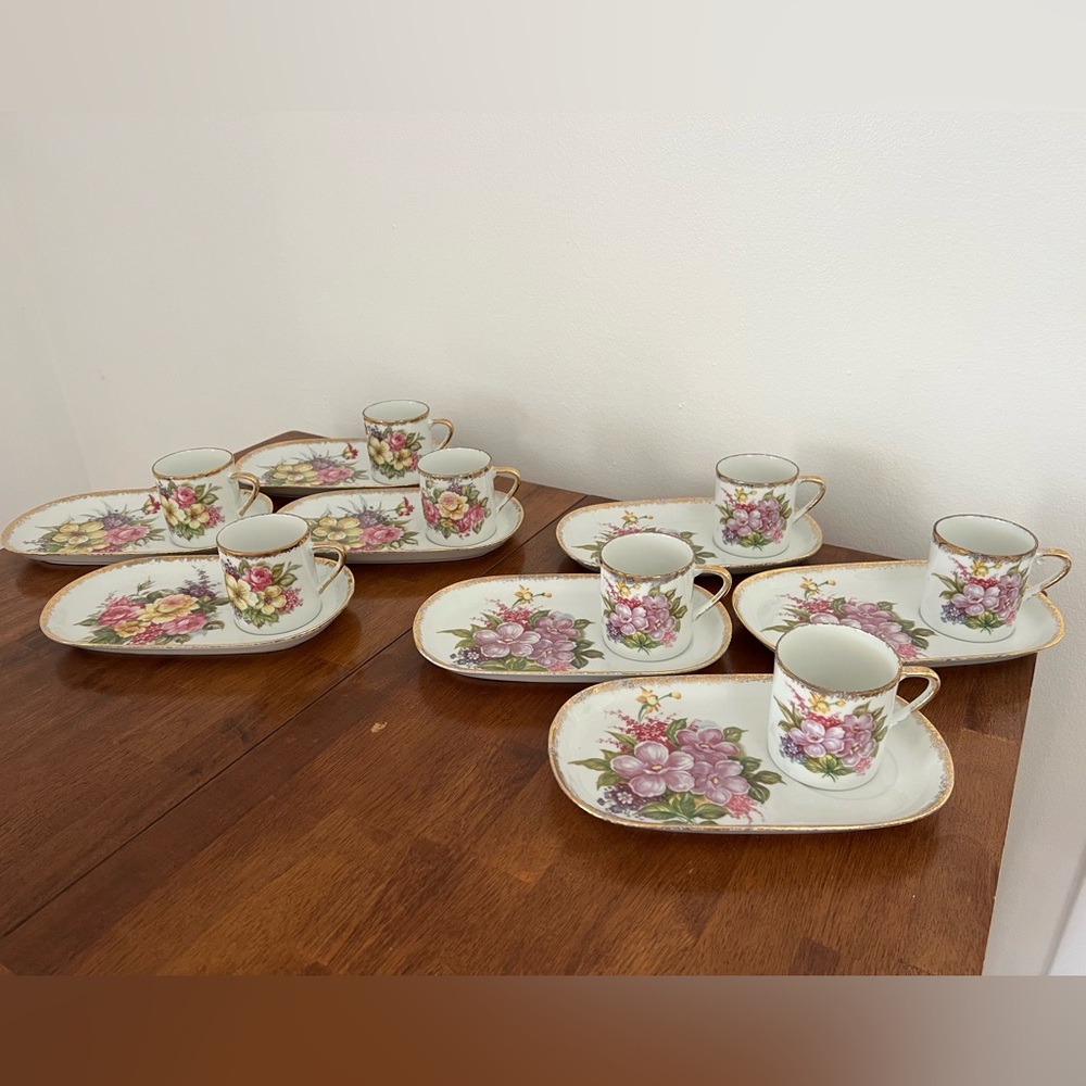 8 Vintage Royal Crown Fine China Hand Painted 44/257 Purple And Yellow Tea Sets